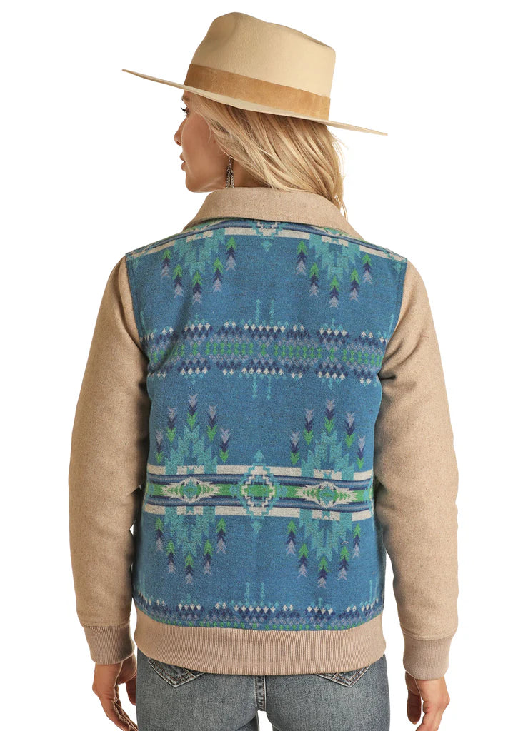 Womans Powder River Blue Aztec Wool Bomber Jacket