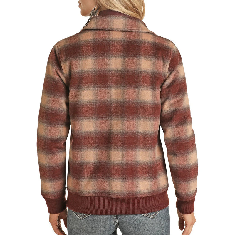 Womans Powder Rive  Wine Plaid Wool Bomber Jacket