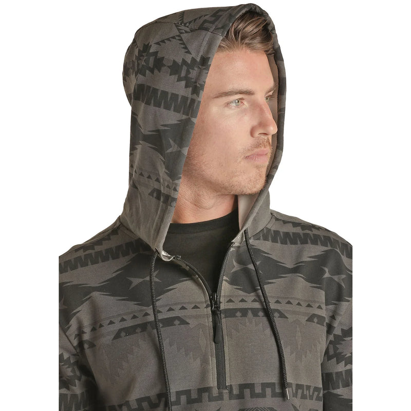 Mens Charcaol Printed Aztec Stretch Knit Pullover Hoodie