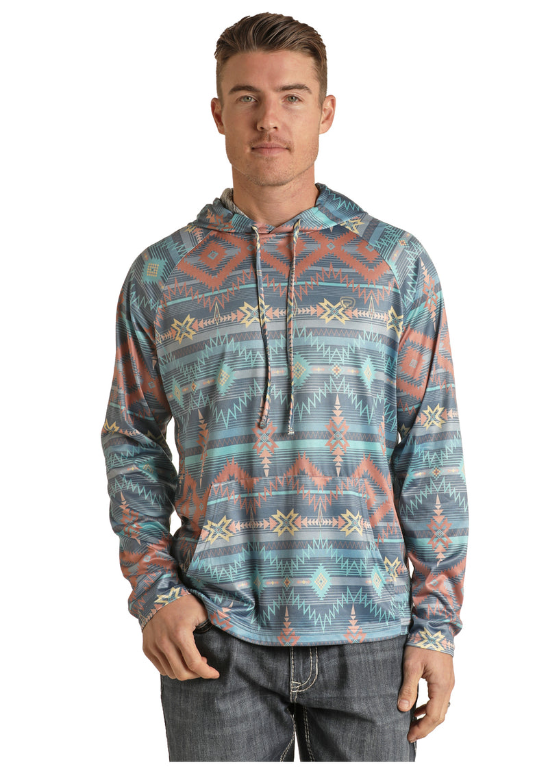 Mens Powder Blue Aztec Print Hooded Shirt