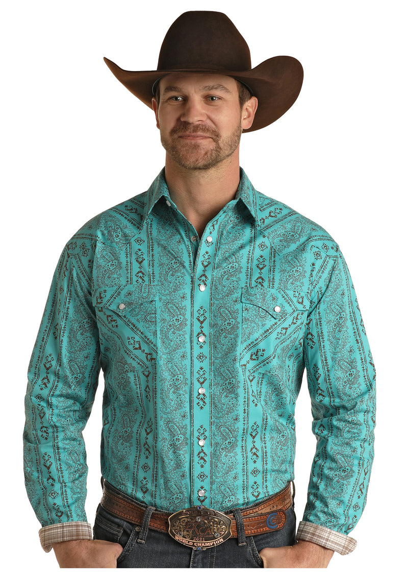 Mens Turquoise Bandana Print Peral Button Shirt