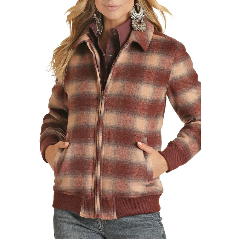 Womans Powder Rive  Wine Plaid Wool Bomber Jacket