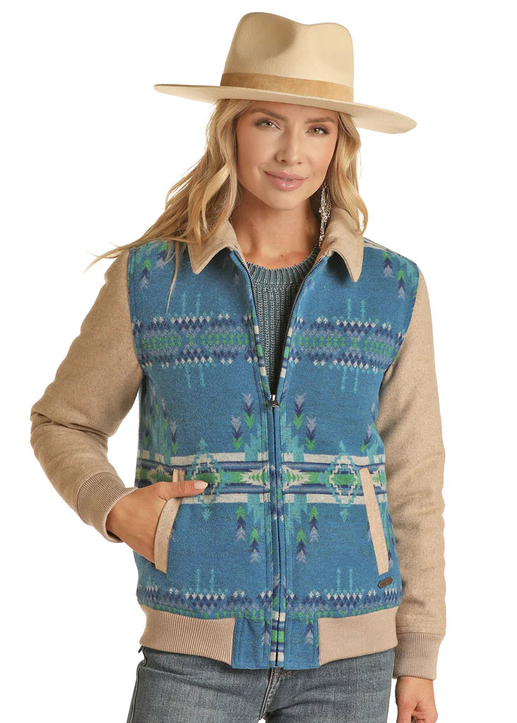 Womans Powder River Blue Aztec Wool Bomber Jacket