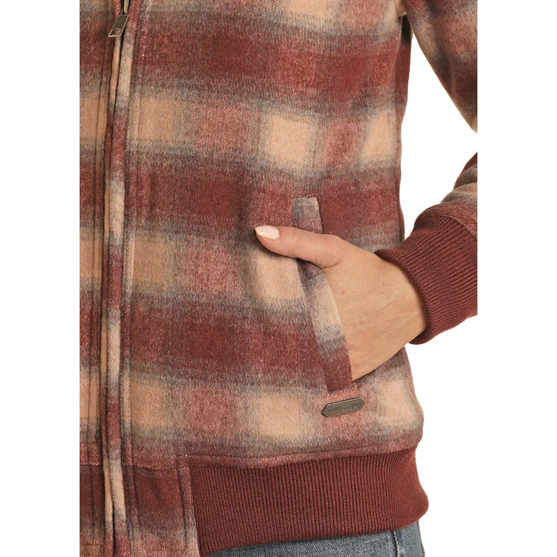 Womans Powder Rive  Wine Plaid Wool Bomber Jacket