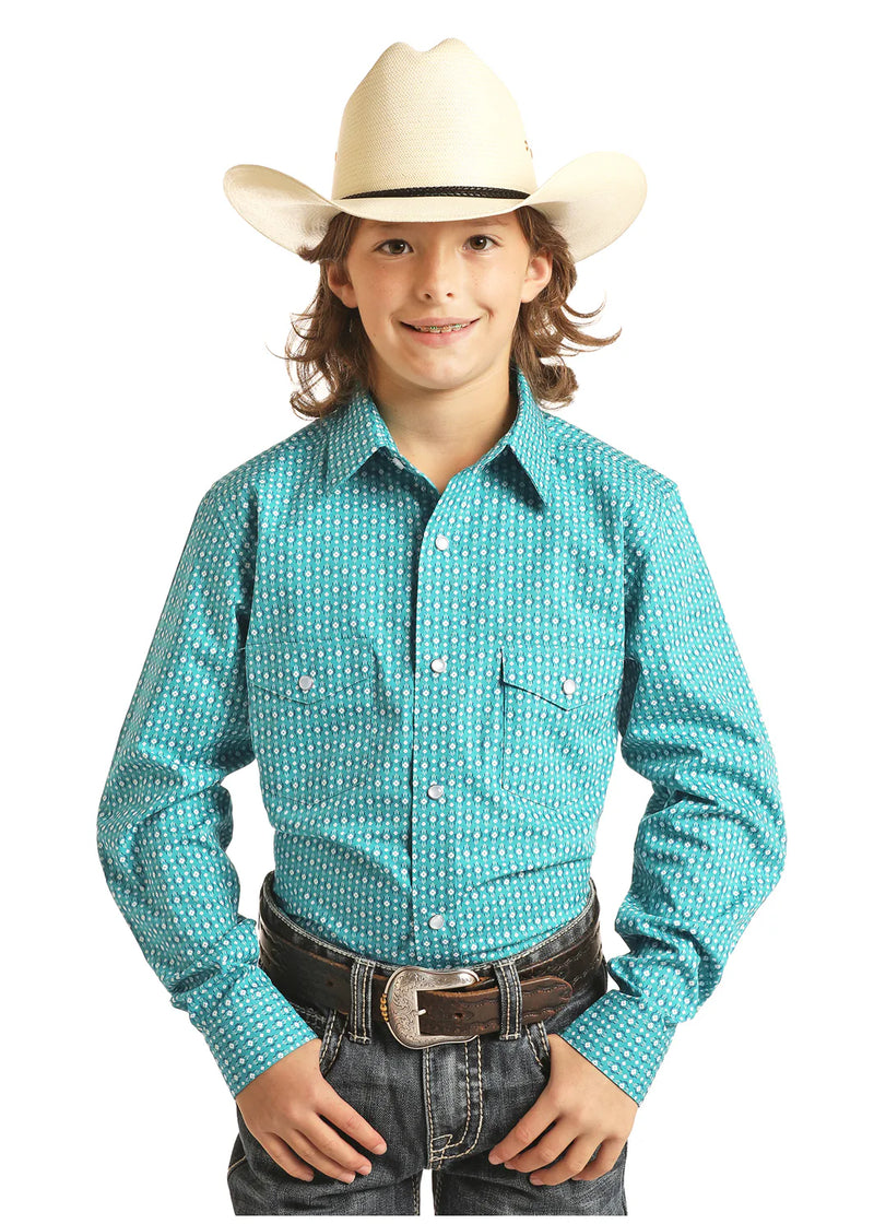 Boys Panhandle Roughstock Carribean Turquoise Snap Western Shirt